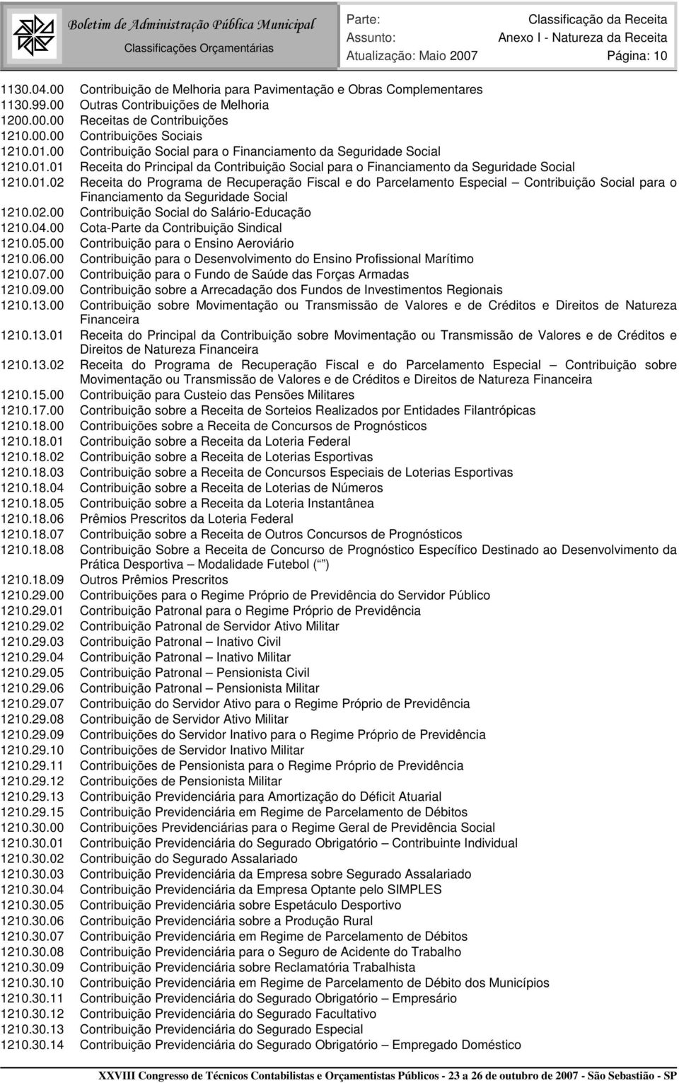 01.02 Receita do Programa de Recuperação Fiscal e do Parcelamento Especial Contribuição Social para o Financiamento da Seguridade Social 1210.02.00 Contribuição Social do Salário-Educação 1210.04.