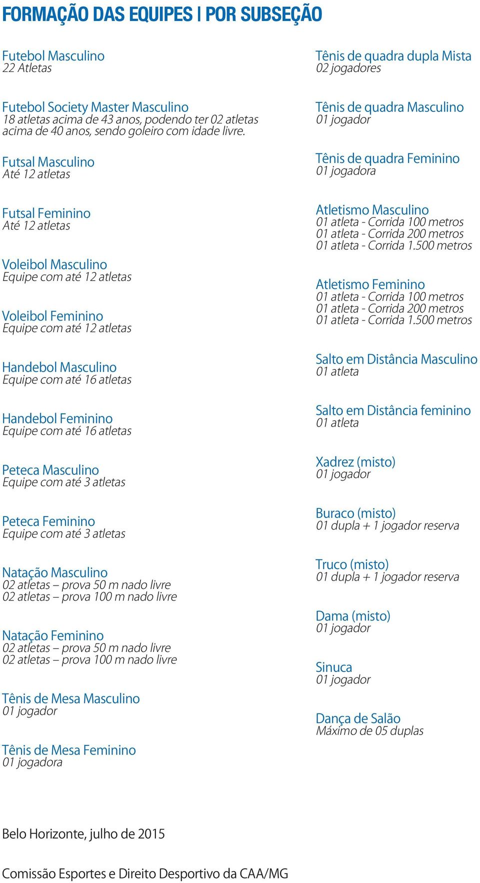 Futsal Masculino Até 12 atletas Tênis de quadra Masculino 01 jogador Tênis de quadra Feminino 01 jogadora Futsal Feminino Até 12 atletas Voleibol Masculino Equipe com até 12 atletas Voleibol Feminino