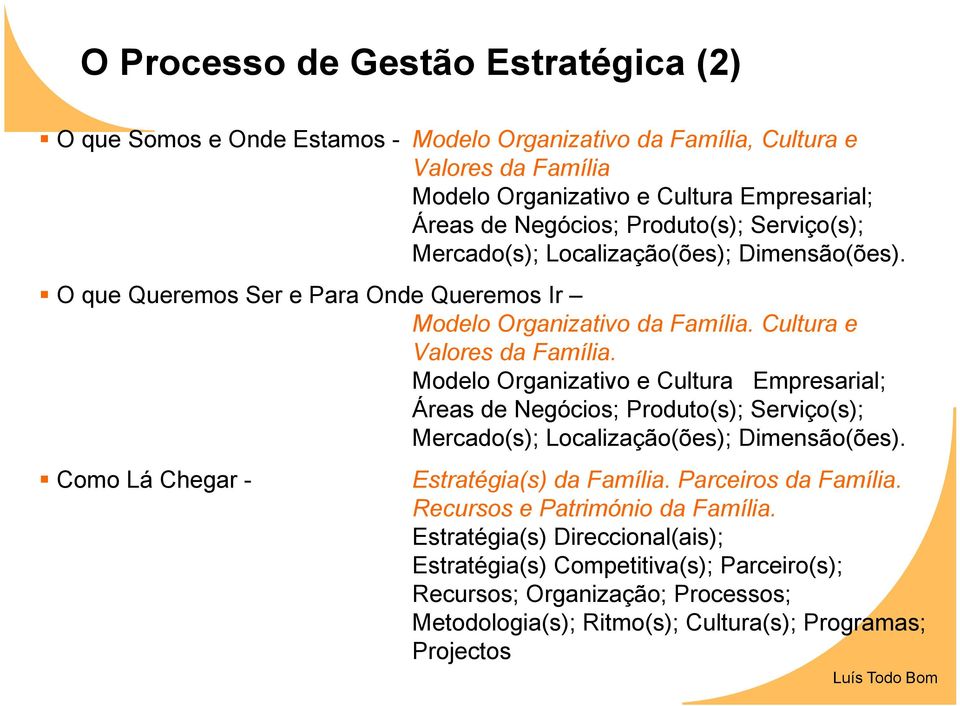 Modelo Organizativo e Cultura Empresarial; Áreas de Negócios; Produto(s); Serviço(s); Mercado(s); Localização(ões); Dimensão(ões). Como Lá Chegar - Estratégia(s) da.