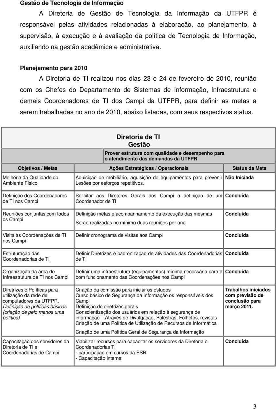 Planejamento para 2010 A Diretoria de TI realizou nos dias 23 e 24 de fevereiro de 2010, reunião com os Chefes do Departamento de Sistemas de Informação, Infraestrutura e demais Coordenadores de TI