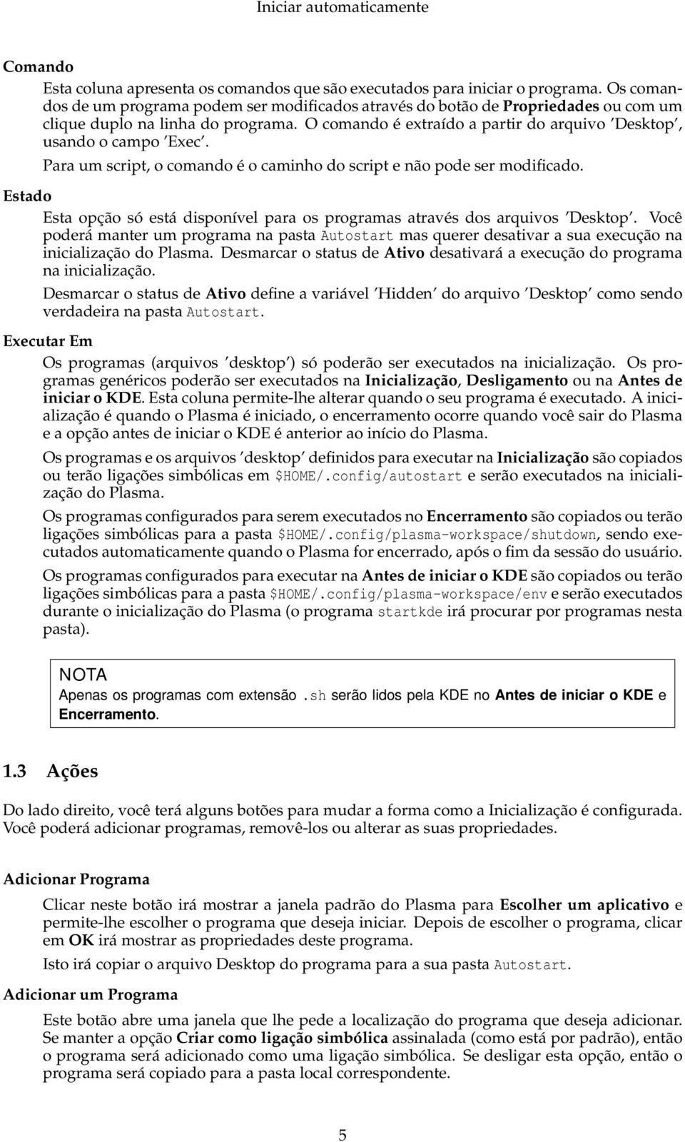 Para um script, o comando é o caminho do script e não pode ser modificado. Estado Esta opção só está disponível para os programas através dos arquivos Desktop.