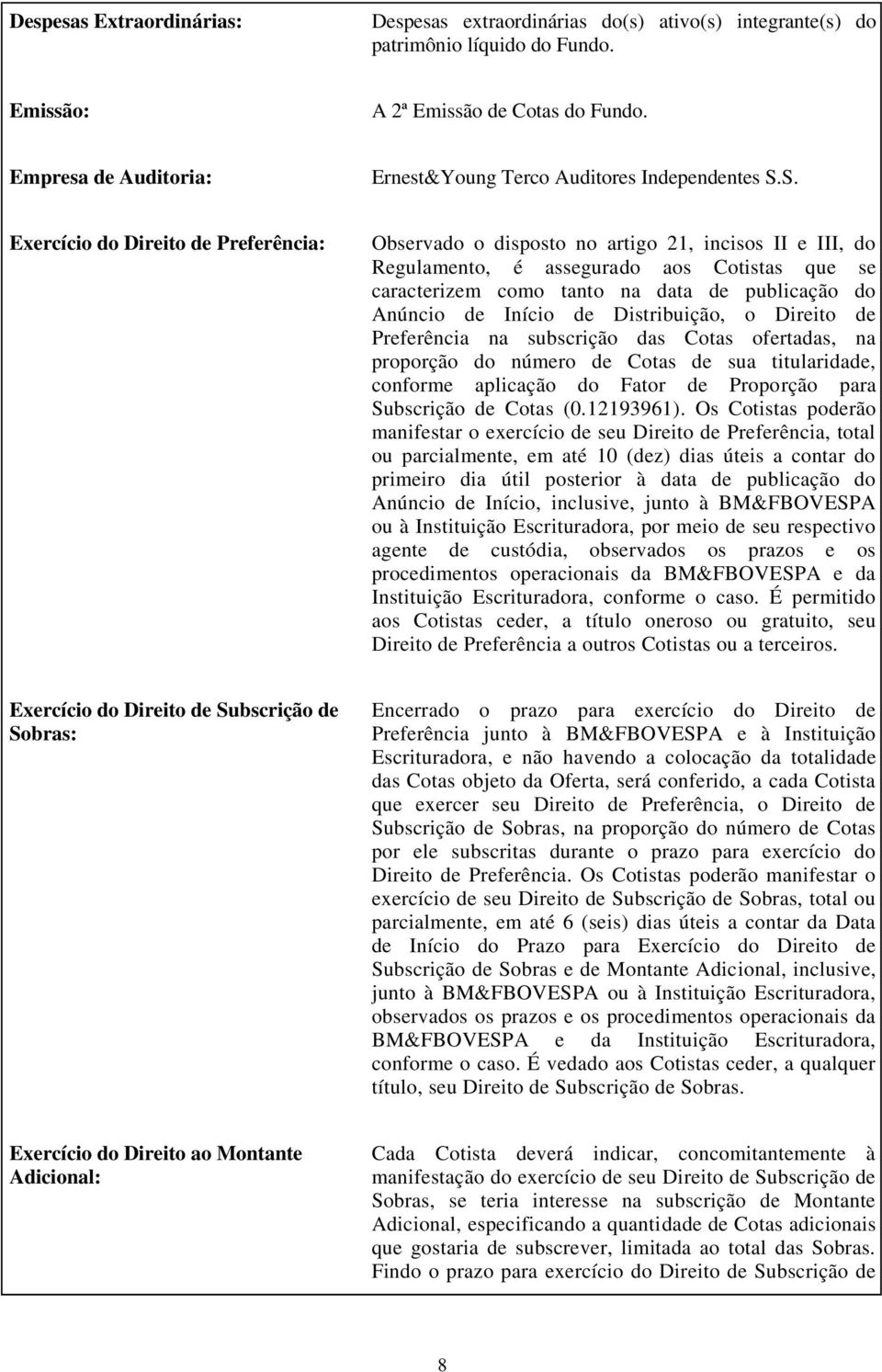 S. Exercício do Direito de Preferência: Observado o disposto no artigo 21, incisos II e III, do Regulamento, é assegurado aos Cotistas que se caracterizem como tanto na data de publicação do Anúncio