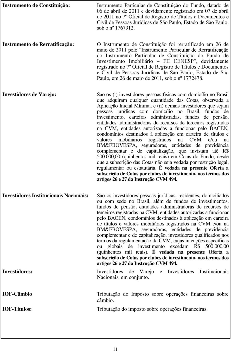 Instrumento de Rerratificação: O Instrumento de Constituição foi rerratificado em 26 de maio de 2011 pelo Instrumento Particular de Rerratificação do Instrumento Particular de Constituição do Fundo