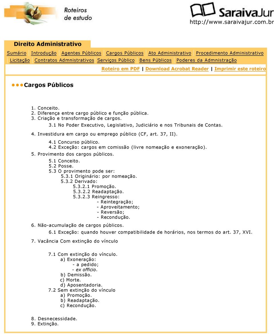 5.3 O provimento pode ser: 5.3.1 Originário: por nomeação. 5.3.2 Derivado: 5.3.2.1 Promoção. 5.3.2.2 Readaptação. 5.3.2.3 Reingresso: - Reintegração; - Aproveitamento; - Reversão; - Recondução. 6.