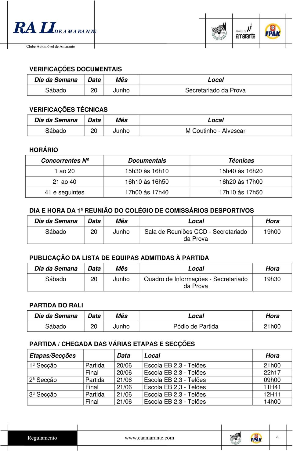 COMISSÁRIOS DESPORTIVOS Sábado 20 Junho Sala de Reuniões CCD - Secretariado da Prova 19h00 PUBLICAÇÃO DA LISTA DE EQUIPAS ADMITIDAS À PARTIDA Sábado 20 Junho Quadro de Informações - Secretariado da