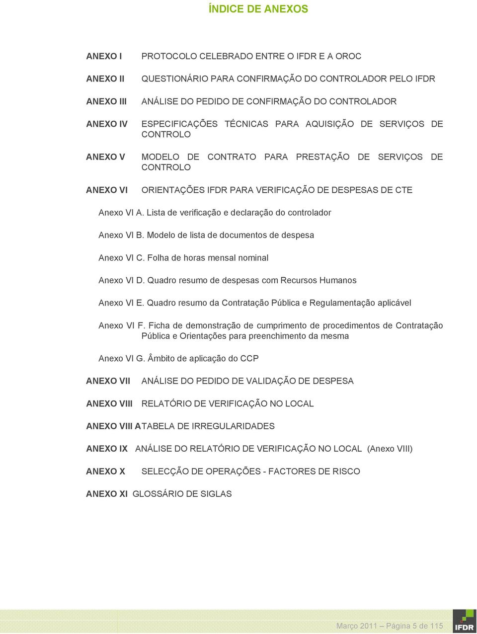 Lista de verificação e declaração do controlador Anexo VI B. Modelo de lista de documentos de despesa Anexo VI C. Folha de horas mensal nominal Anexo VI D.