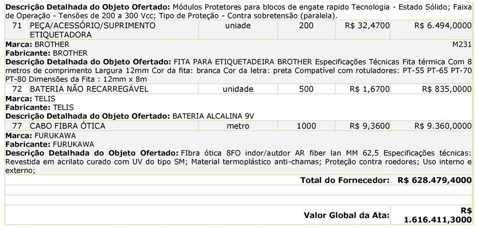 494,0000 ETIQUETADORA Marca: BROTHER M231 Fabricante: BROTHER Descrição Detalhada do Objeto Ofertado: FITA PARA ETIQUETADEIRA BROTHER Especificações Técnicas Fita térmica Com 8 metros de comprimento