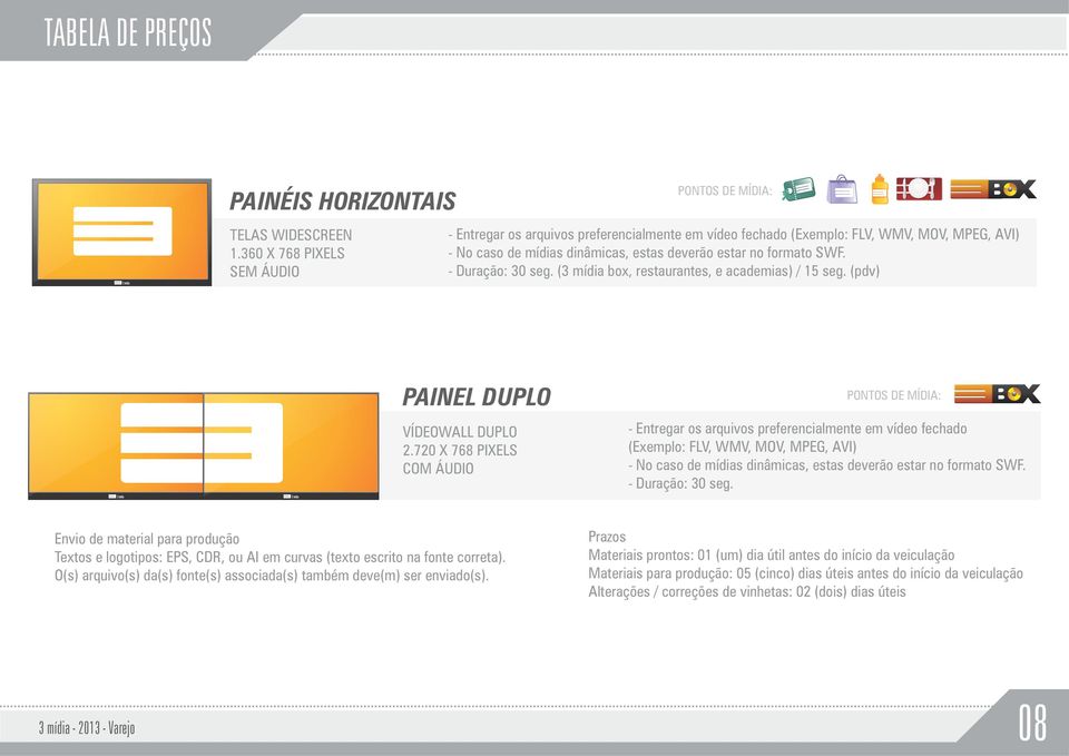 SWF. - : 30 seg. (3 mídia box, restaurantes, e academias) / 15 seg. (pdv) PAINEL DUPLO VÍDEOWALL DUPLO 2.