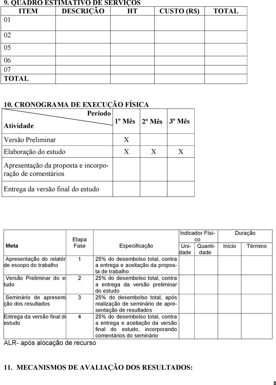 estudo X Meta Apresentação do relatório de escopo do trabalho Versão Preliminar do estudo Seminário de apresentação dos resultados Entrega da versão final do estudo ALR- após alocação de recurso 1