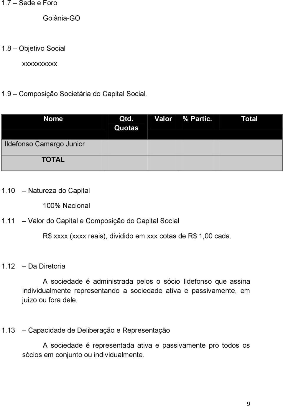 11 Valor do Capital e Composição do Capital Social R$ xxxx (xxxx reais), dividido em xxx cotas de R$ 1,