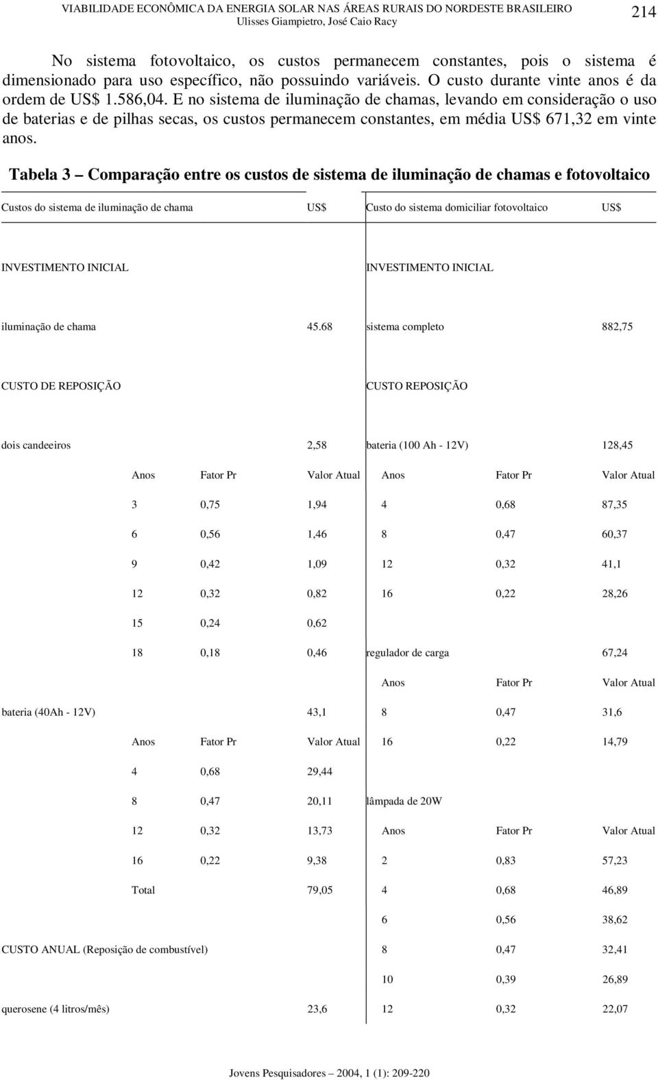 Tabela 3 Comparação entre os custos de sistema de iluminação de chamas e fotovoltaico Custos do sistema de iluminação de chama US$ Custo do sistema domiciliar fotovoltaico US$ INVESTIMENTO INICIAL