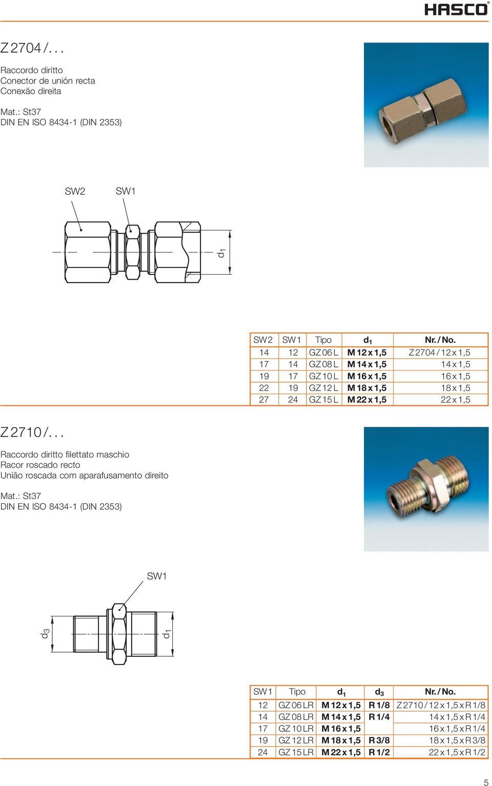 22 x 1,5 22 x 1,5 Z 2710 /... Raccordo diritto filettato maschio Racor roscado recto União roscada com aparafusamento direito d 3 SW 1 Tipo d 3 Nr. / No.