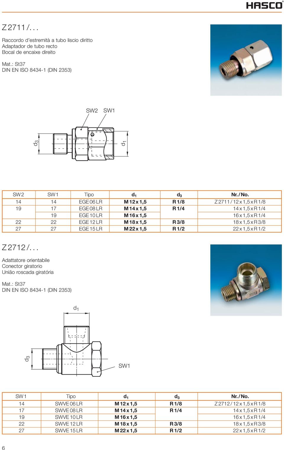 18 x 1,5 x R 3/8 27 27 EGE 15 LR M 22 x 1,5 R 1/2 22 x 1,5 x R 1/2 Z 2712 /... Adattatore orientabile Conector giratorio União roscada giratória d3 SW 1 Tipo d 3 Nr. / No.