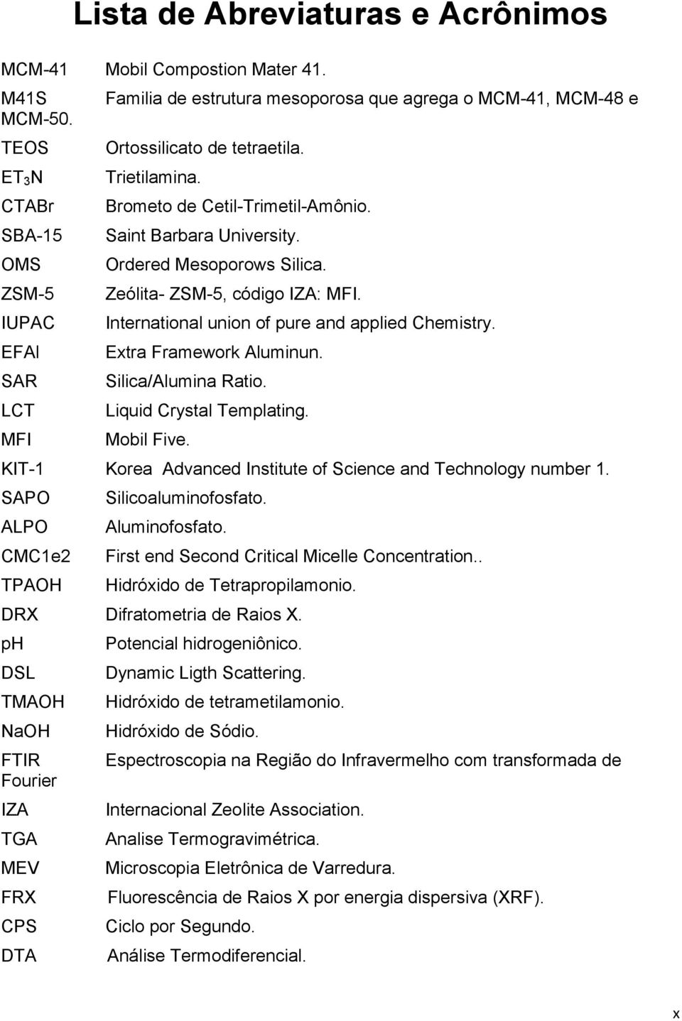 EFAl Extra Framework Aluminun. SAR Silica/Alumina Ratio. LCT Liquid Crystal Templating. MFI Mobil Five. KIT-1 Korea Advanced Institute of Science and Technology number 1. SAPO Silicoaluminofosfato.