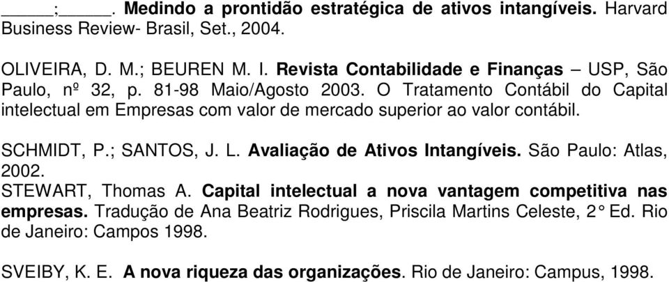 O Tratamento Contábil do Capital intelectual em Empresas com valor de mercado superior ao valor contábil. SCHMIDT, P.; SANTOS, J. L. Avaliação de Ativos Intangíveis.