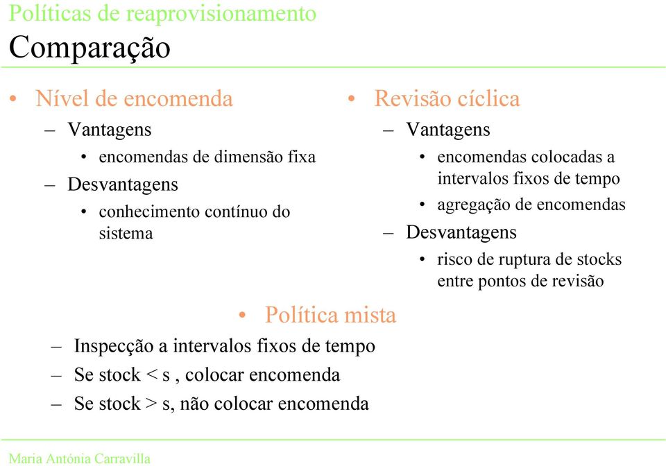 fixos de tempo agregação de encomendas Desvantagens risco de ruptura de stocks entre pontos de revisão