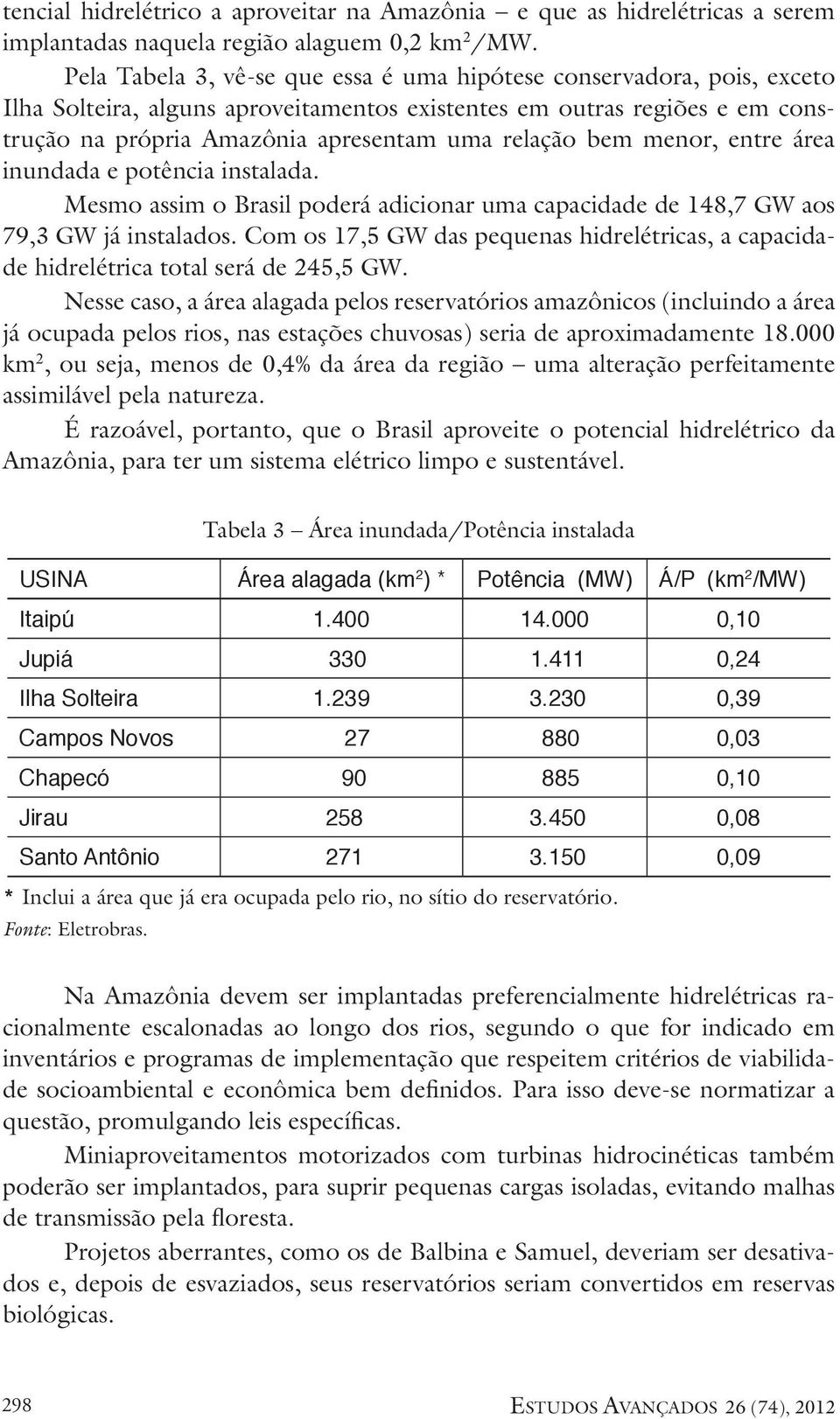 bem menor, entre área inundada e potência instalada. Mesmo assim o Brasil poderá adicionar uma capacidade de 148,7 GW aos 79,3 GW já instalados.