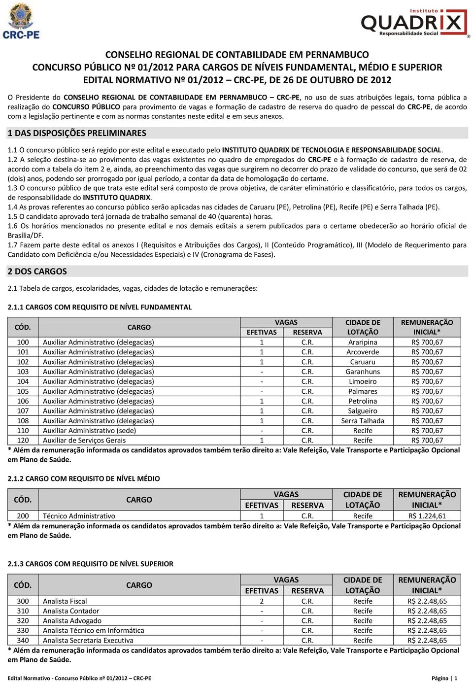 cadastro de reserva do quadro de pessoal do CRC-PE, de acordo com a legislação pertinente e com as normas constantes neste edital e em seus anexos. 1 DAS DISPOSIÇÕES PRELIMINARES 1.