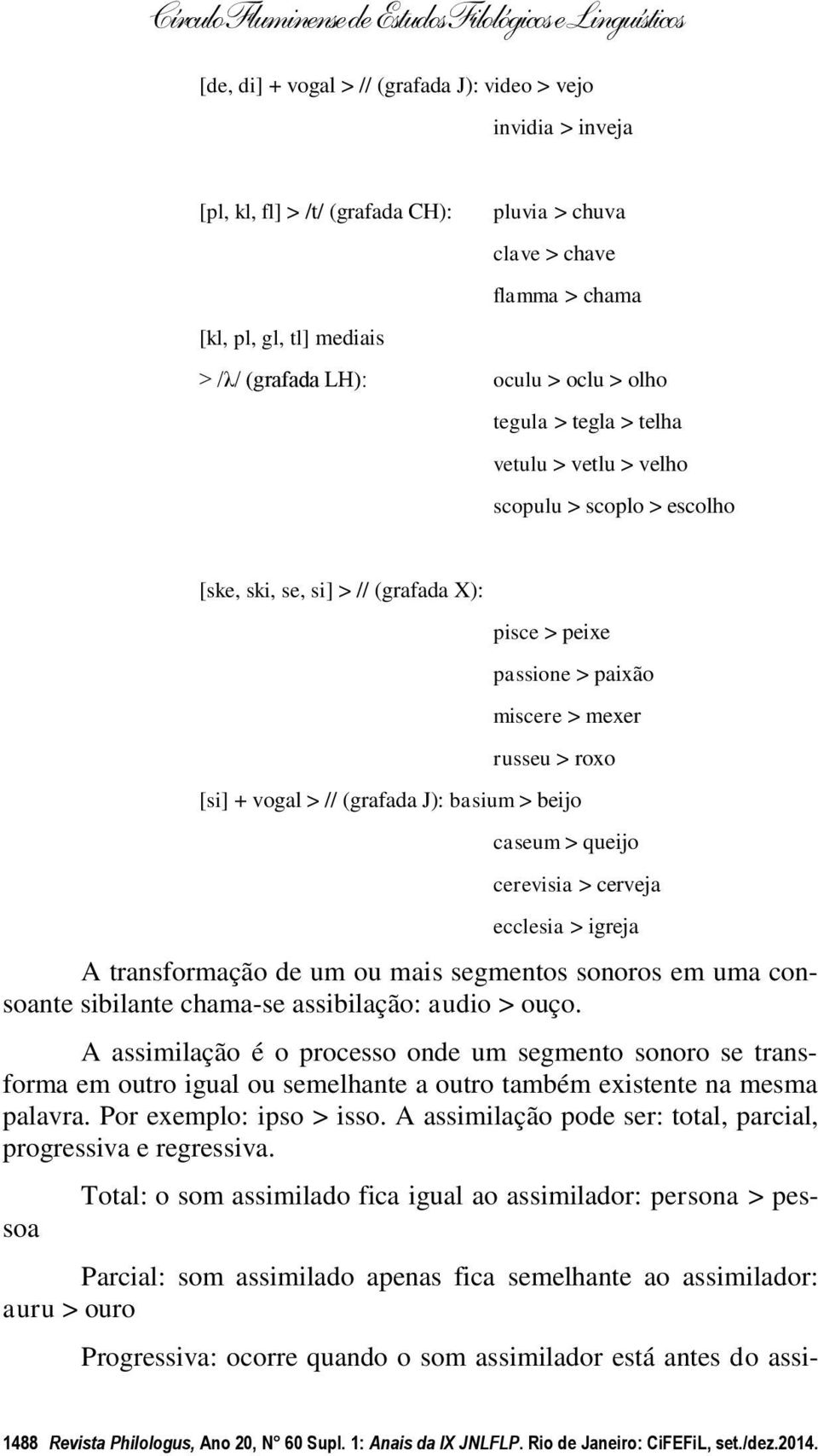 (grafada J): basium > beijo caseum > queijo cerevisia > cerveja ecclesia > igreja A transformação de um ou mais segmentos sonoros em uma consoante sibilante chama-se assibilação: audio > ouço.