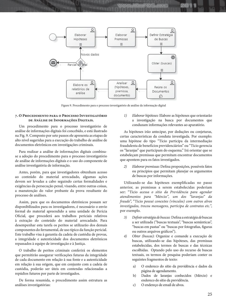 Composto por sete passos ele apresenta as etapas de alto nível sugeridas para a execução do trabalho de análise de documentos eletrônicos em investigações criminais.