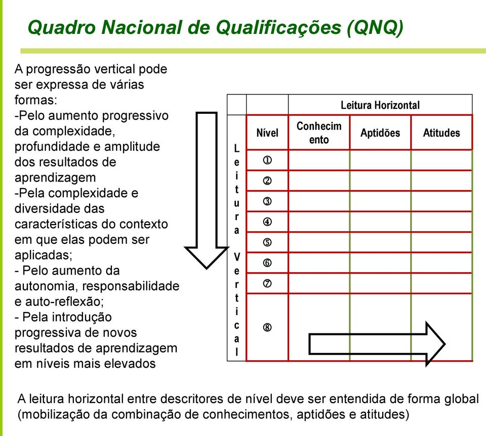 e auto-reflexão; - Pela introdução progressiva de novos resultados de aprendizagem em níveis mais elevados L e i t u r a V e r t i c a l Nível Conhecim ento Leitura