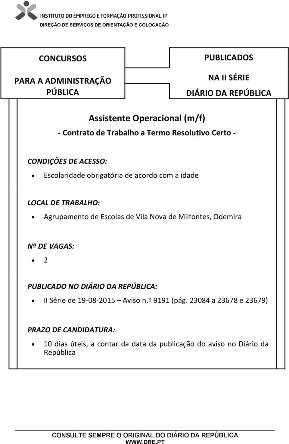 NO : II Série de 19-08-2015 Aviso n.