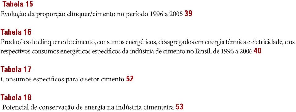 respectivos consumos energéticos específicos da indústria de cimento no Brasil, de 1996 a 2006 40 Tabela