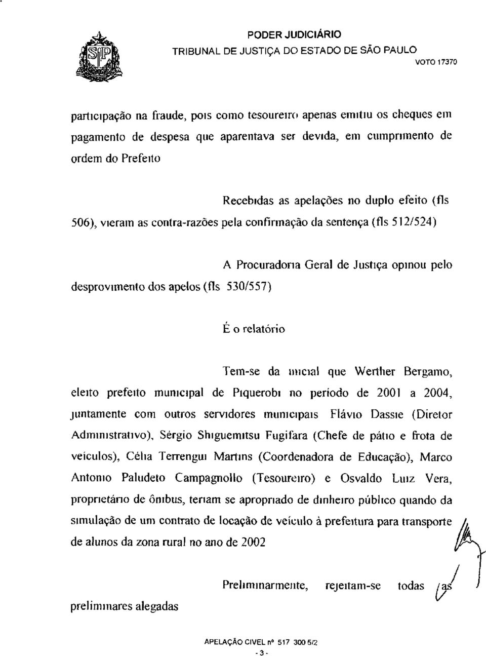 Werther Bergamo, eleito prefeito municipal de Piquerobi no período de 2001 a 2004, juntamente com outros servidores municipais Fiávio Dassie (Diretor Administrativo), Sérgio Shiguemitsu Fugi fará