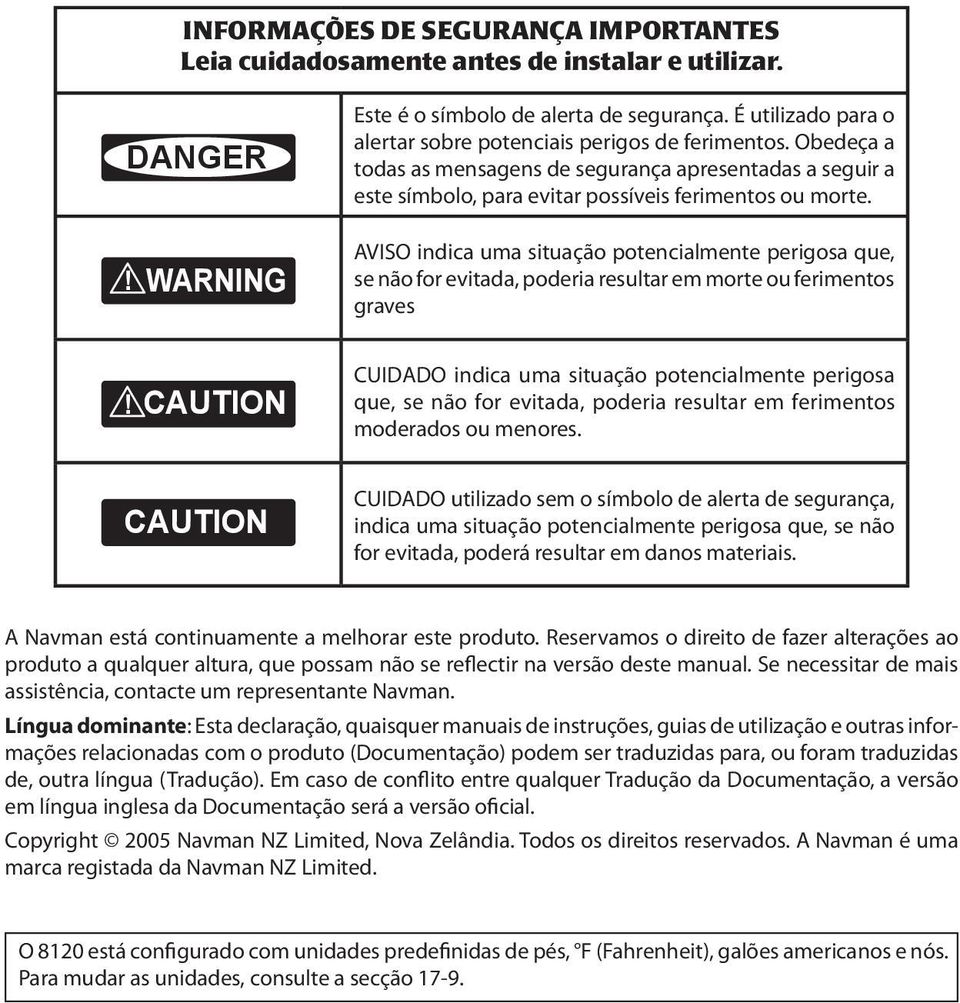 ! CAUTION CAUTION AVISO indica uma situação potencialmente perigosa que, WARNING se não for evitada, poderia resultar em morte ou ferimentos! CAUTION graves! DANGER WARNING! CAUTION CAUTION DANGER!