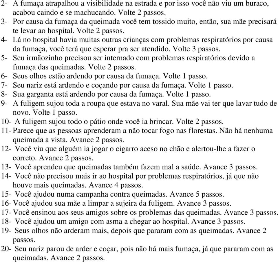 4- Lá no hospital havia muitas outras crianças com problemas respiratórios por causa da fumaça, você terá que esperar pra ser atendido. Volte 3 passos.