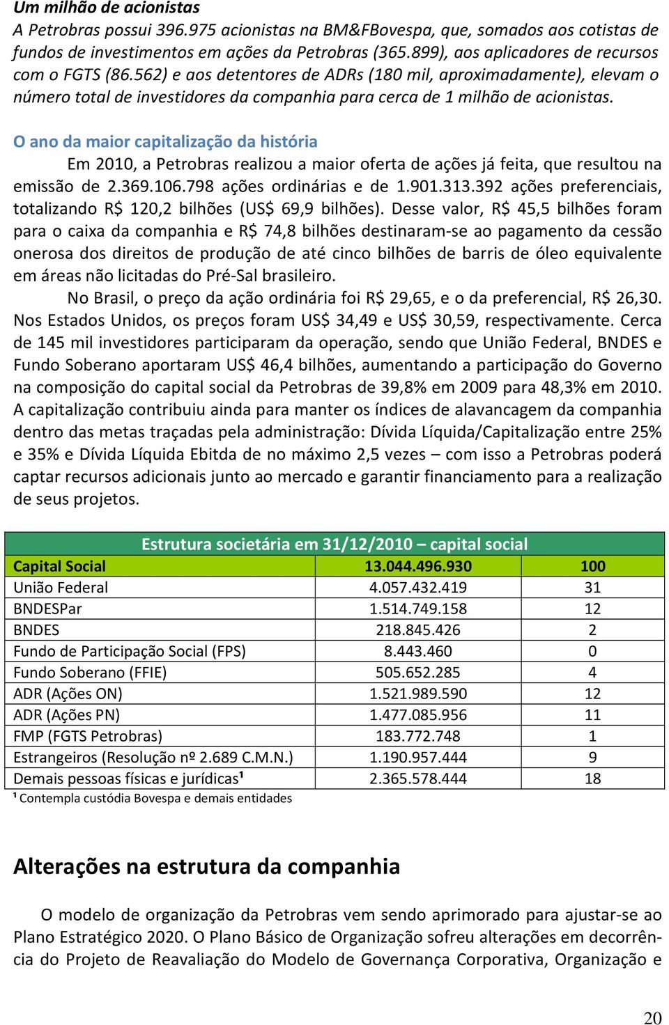 O ano da maior capitalização da história Em 2010, a Petrobras realizou a maior oferta de ações já feita, que resultou na emissão de 2.369.106.798 ações ordinárias e de 1.901.313.