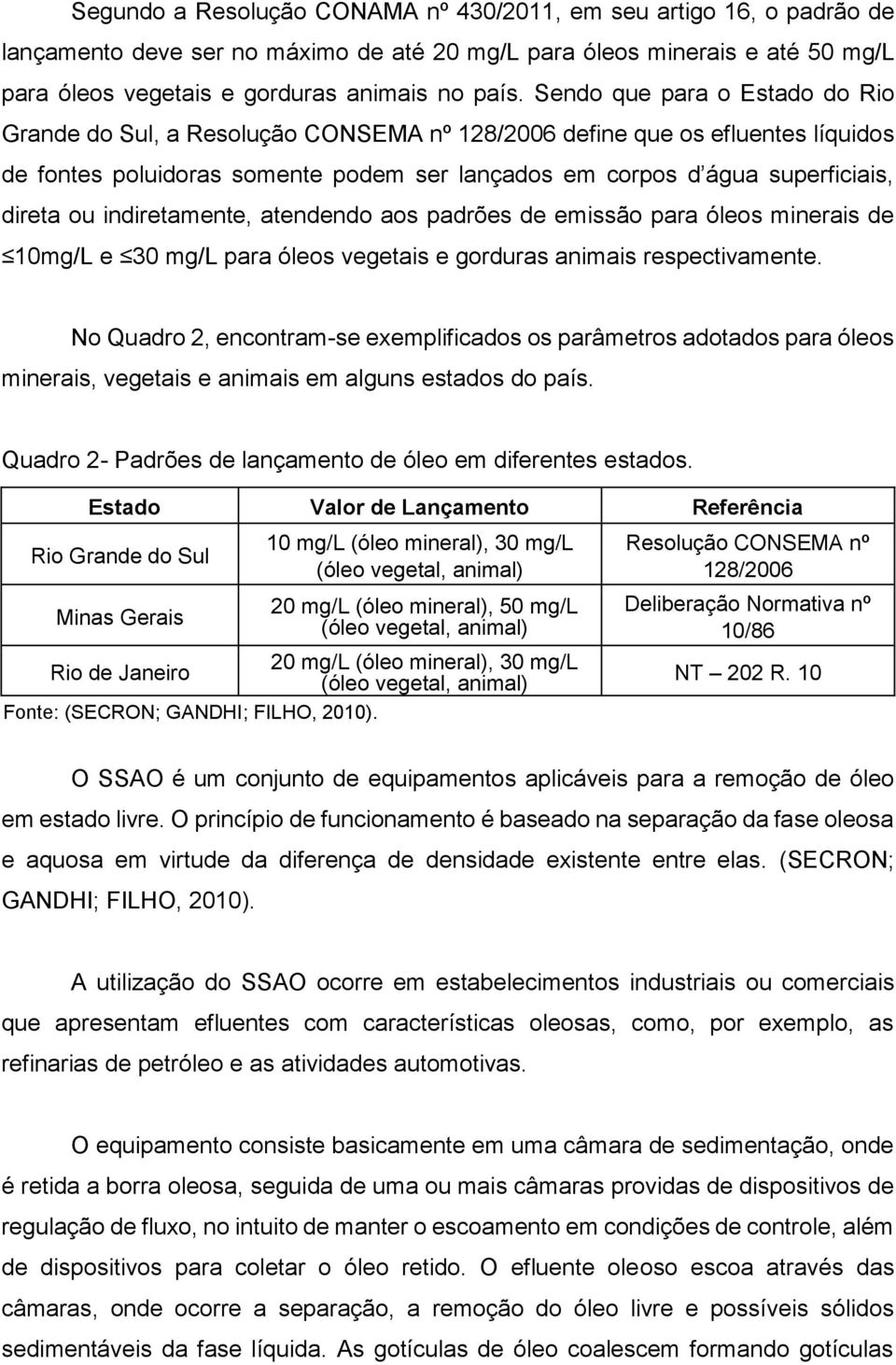 indiretamente, atendendo aos padrões de emissão para óleos minerais de 10mg/L e 30 mg/l para óleos vegetais e gorduras animais respectivamente.