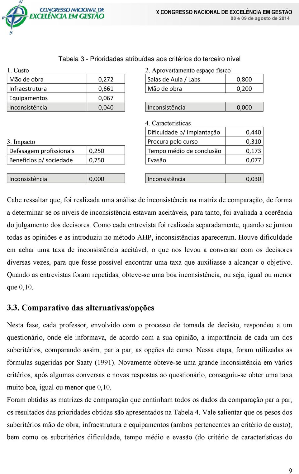 Características Dificuldade p/ implantação 0,440 Procura pelo curso 0,310 Tempo médio de conclusão 0,173 Evasão 0,077 Inconsistência 0,030 Cabe ressaltar que, foi realizada uma análise de