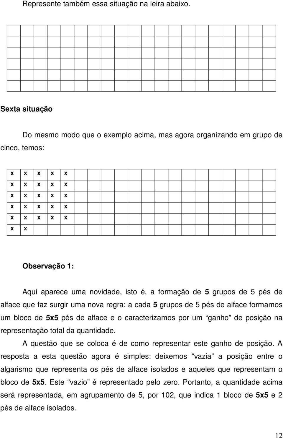 surgir uma nova regra: a cada 5 grupos de 5 pés de alface formamos um bloco de 5x5 pés de alface e o caracterizamos por um ganho de posição na representação total da quantidade.