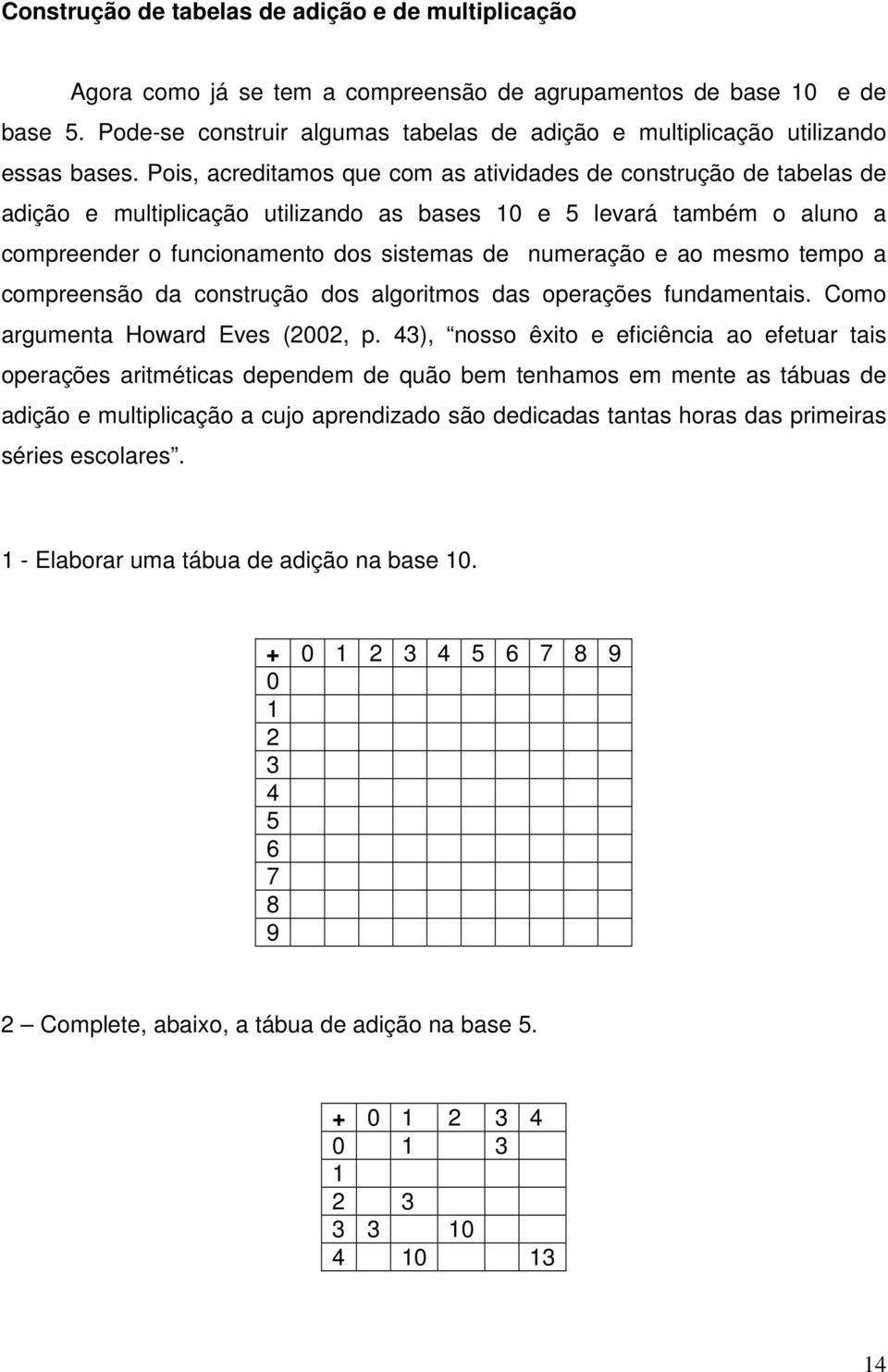 Pois, acreditamos que com as atividades de construção de tabelas de adição e multiplicação utilizando as bases 0 e 5 levará também o aluno a compreender o funcionamento dos sistemas de numeração e ao