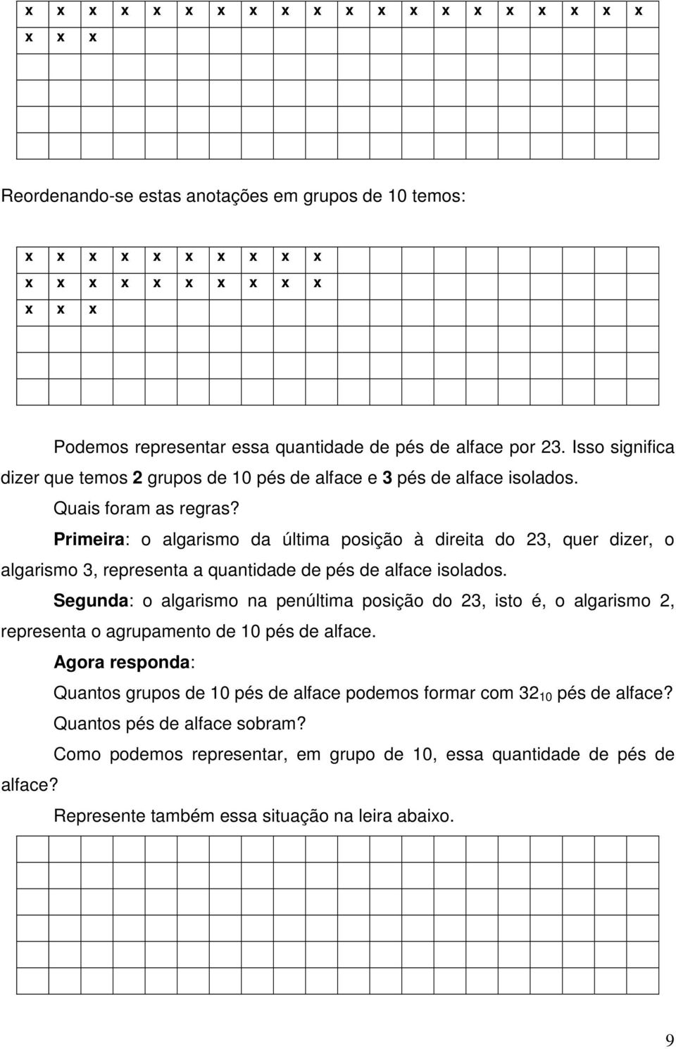 Primeira: o algarismo da última posição à direita do 23, quer dizer, o algarismo 3, representa a quantidade de pés de alface isolados.