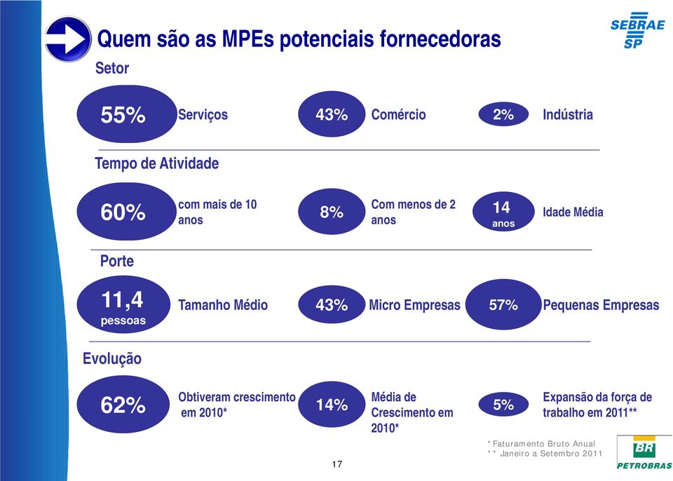 Médio 43% Micro Empresas 57% Pequenas Empresas 62% Obtiveram crescimento em 2010* 17 Média de Crescimento