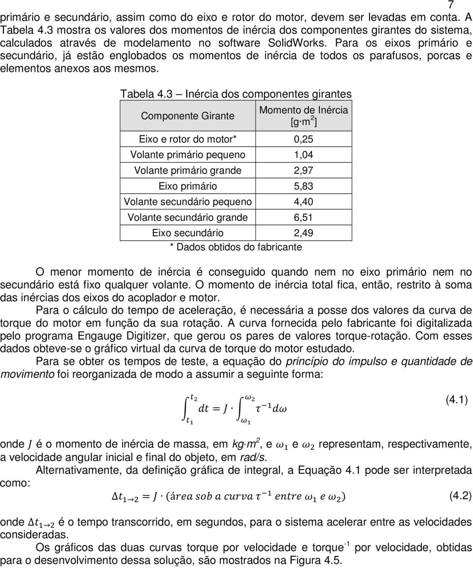 Para os eixos primário e secundário, já estão englobados os momentos de inércia de todos os parafusos, porcas e elementos anexos aos mesmos. Tabela 4.