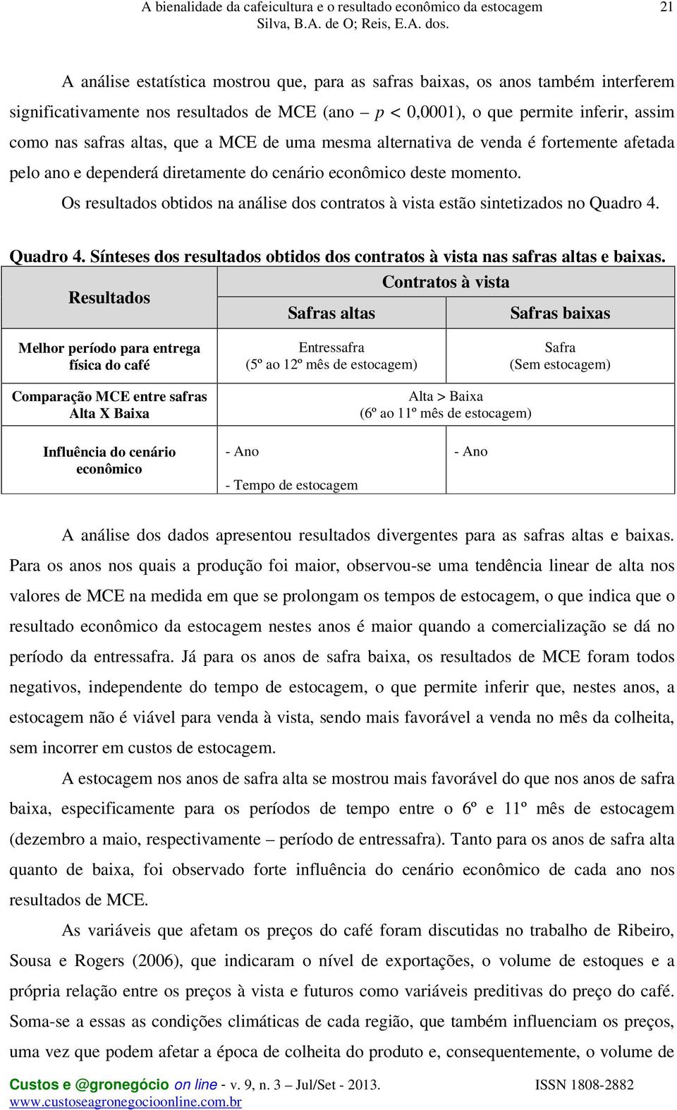 Os resultados obtidos na análise dos contratos à vista estão sintetizados no Quadro 4. Quadro 4. Sínteses dos resultados obtidos dos contratos à vista nas safras altas e baixas.