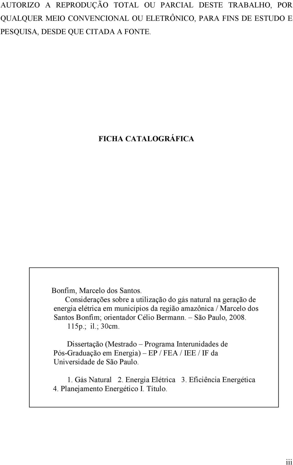 Considerações sobre a utilização do gás natural na geração de energia elétrica em municípios da região amazônica / Marcelo dos Santos Bonfim; orientador Célio