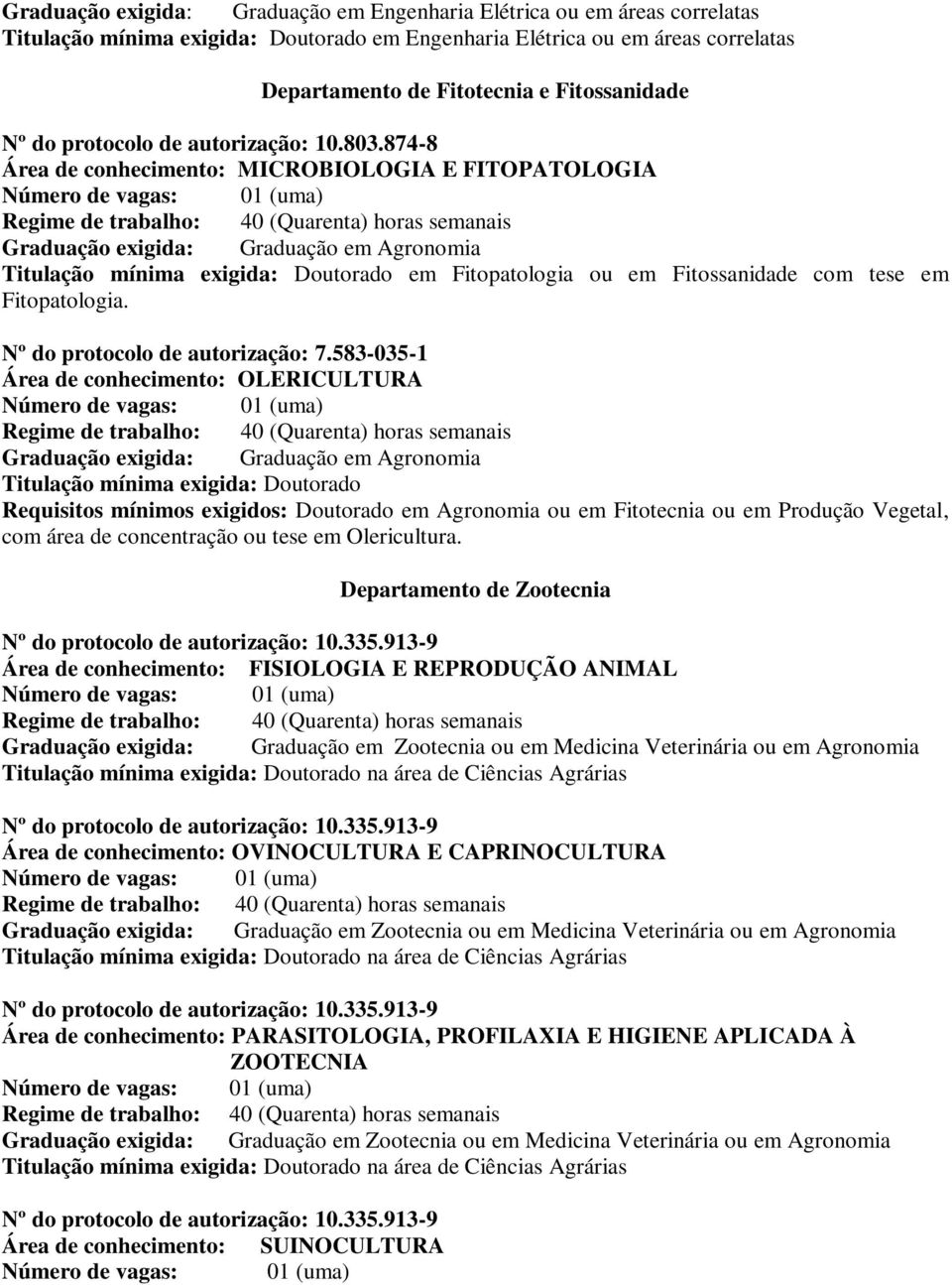 874-8 Área de conhecimento: MICROBIOLOGIA E FITOPATOLOGIA Graduação exigida: Graduação em Agronomia Titulação mínima exigida: Doutorado em Fitopatologia ou em Fitossanidade com tese em Fitopatologia.