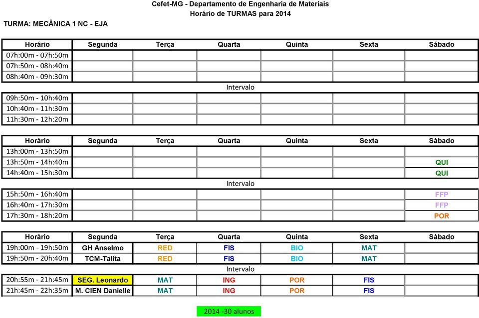 19h:00m - 19h:50m GH Anselmo RED FIS BIO MAT 19h:50m - 20h:40m TCM-Talita RED FIS BIO MAT 20h:55m