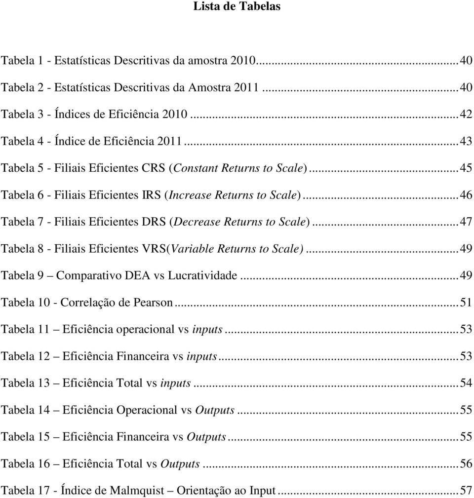 .. 47 Tabela 8 - Filiais Eficienes VRS(Variable Reurns o Scale)... 49 Tabela 9 Comparaivo DEA vs Lucraividade... 49 Tabela 0 - Correlação de Pearson... 5 Tabela Eficiência operacional vs inpus.