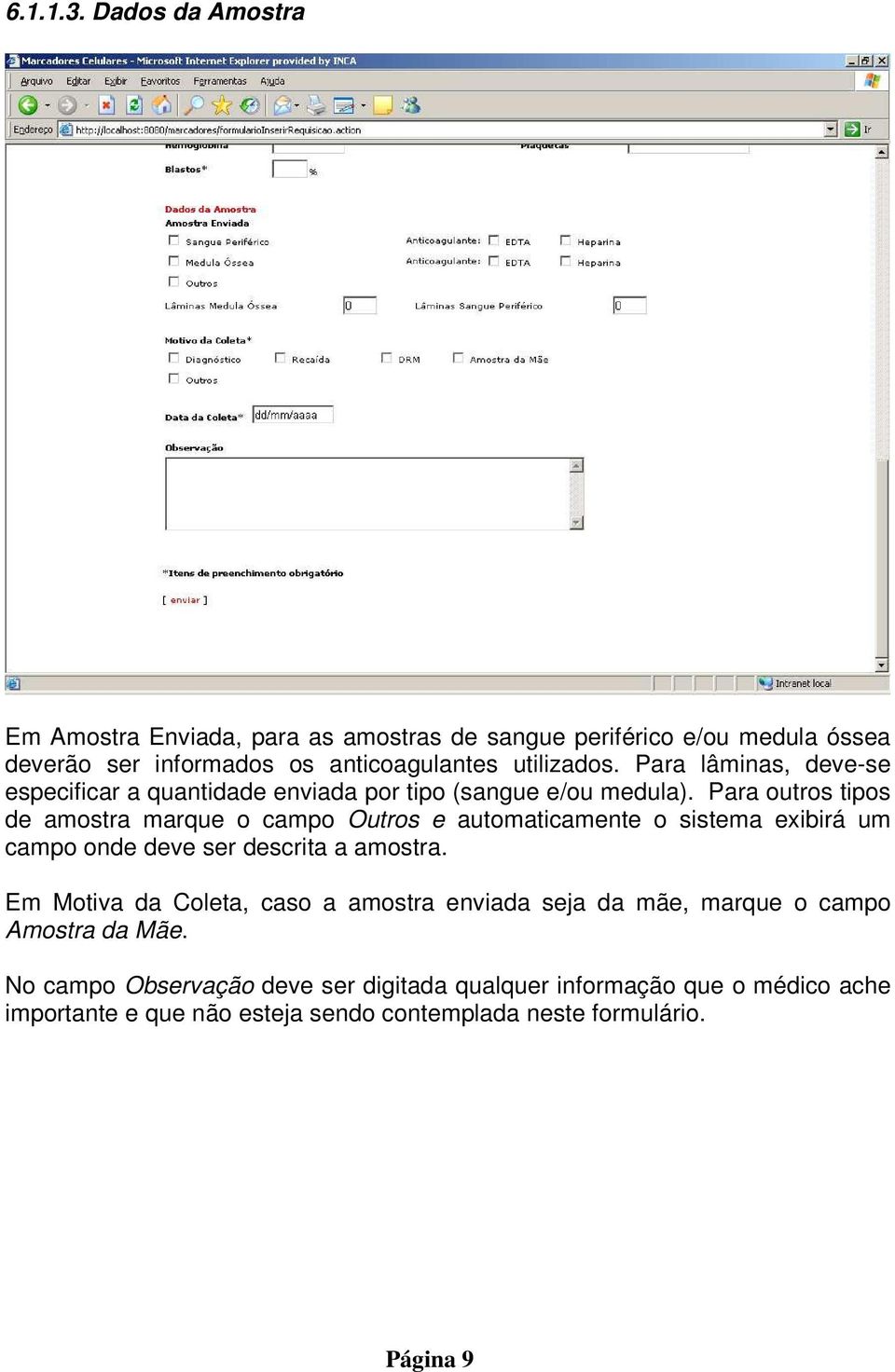 Para lâminas, deve-se especificar a quantidade enviada por tipo (sangue e/ou medula).