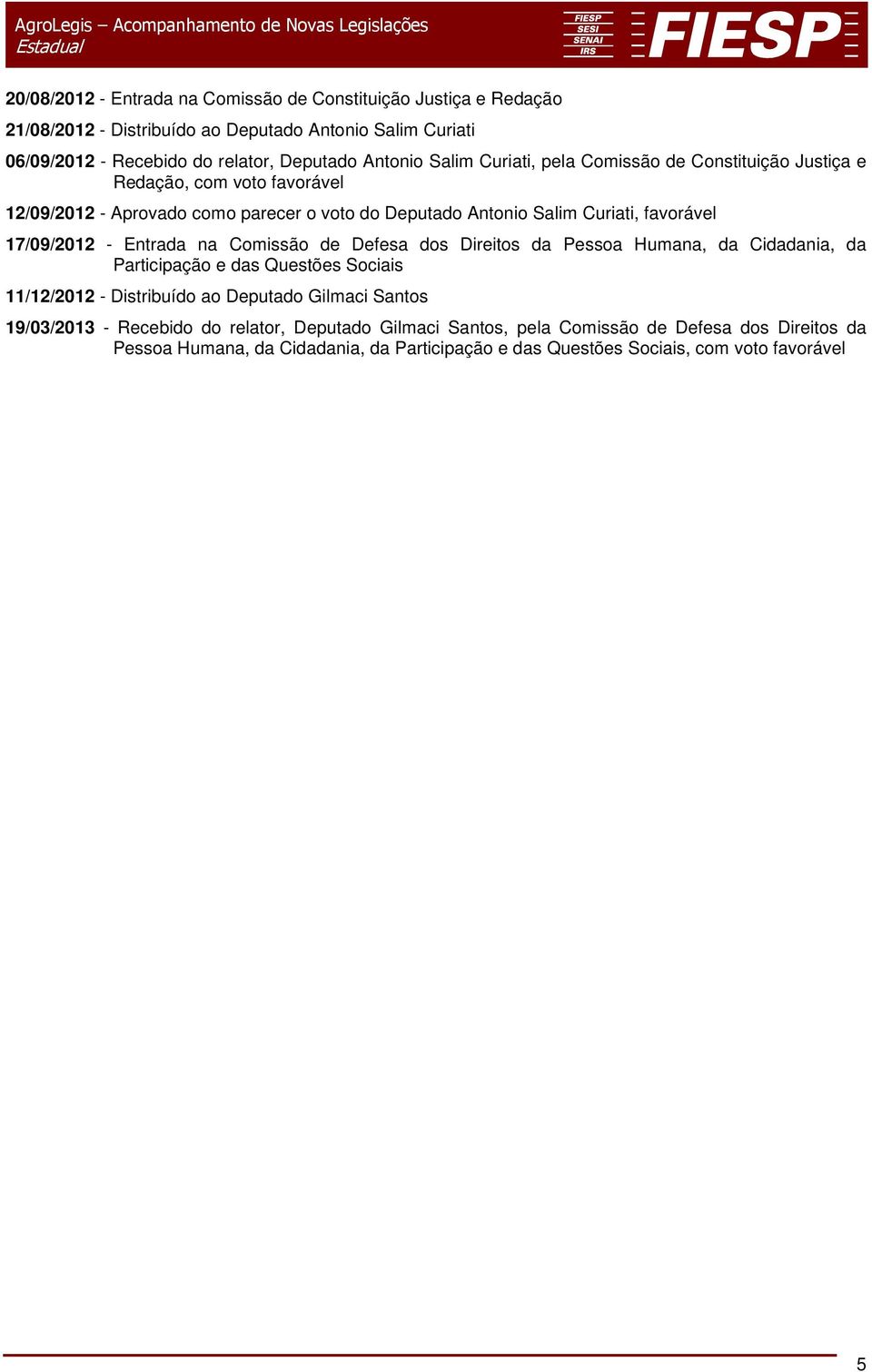 17/09/2012 - Entrada na Comissão de Defesa dos Direitos da Pessoa Humana, da Cidadania, da Participação e das Questões Sociais 11/12/2012 - Distribuído ao Deputado Gilmaci Santos