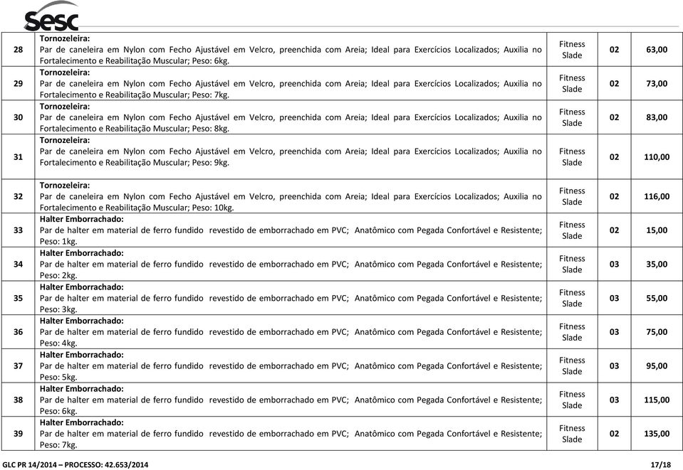 02 63,00 02 73,00 02 83,00 02 110,00 32 33 34 35 36 37 38 39 Fortalecimento e Reabilitação Muscular; Peso: 10kg. Peso: 1kg.