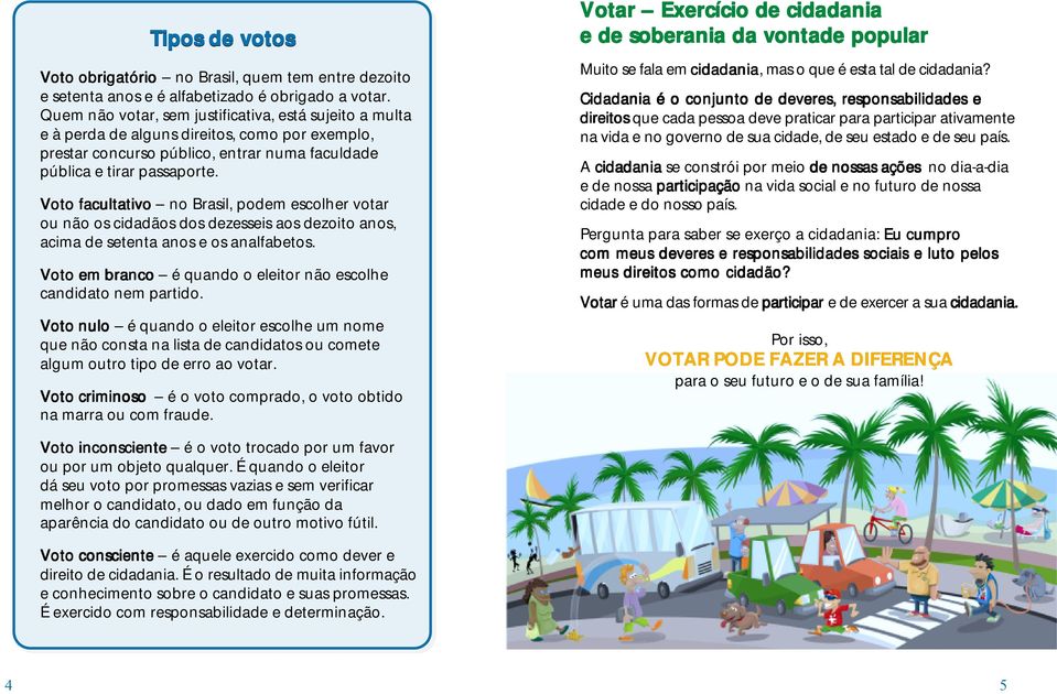 Voto facultativo no Brasil, podem escolher votar ou não os cidadãos dos dezesseis aos dezoito anos, acima de setenta anos e os analfabetos.