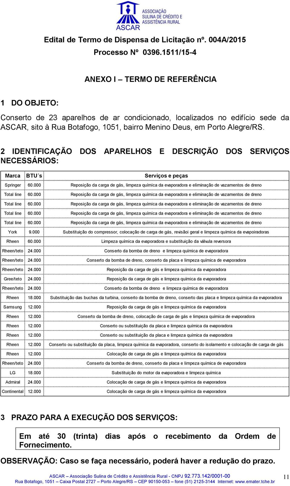 000 Reposição da carga de gás, limpeza química da evaporadora e eliminação de vazamentos de dreno Total line 60.