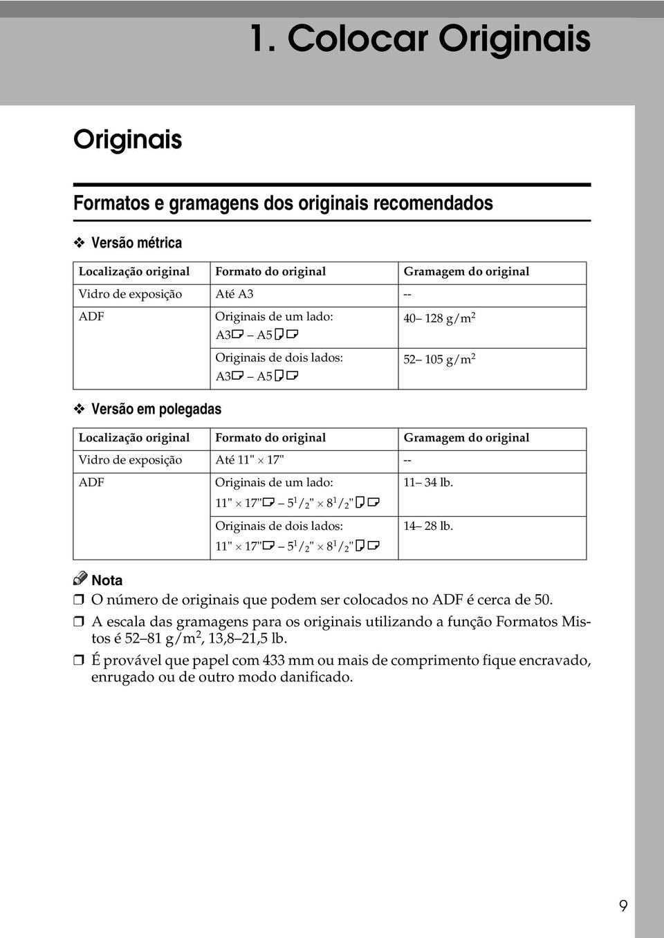 Originais de um lado: 11" 17"L 5 1 / " 8 1 / "KL Originais de dois lados: 11" 17"L 5 1 / " 8 1 / "KL 11 34 lb. 14 8 lb. O número de originais que podem ser colocados no ADF é cerca de 50.