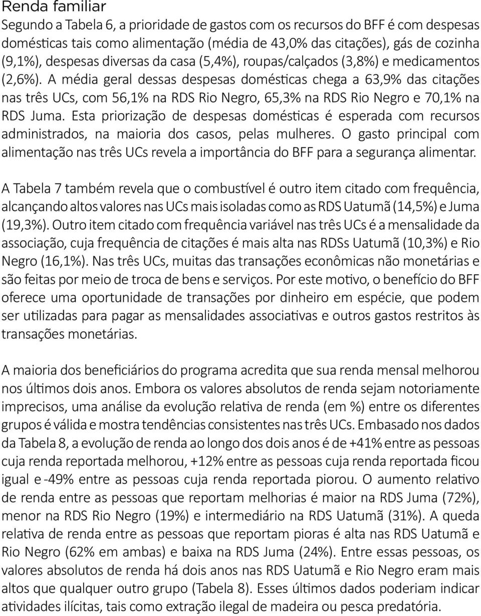 A média geral dessas despesas domésticas chega a 63,9% das citações nas três UCs, com 56,1% na RDS Rio Negro, 65,3% na RDS Rio Negro e 70,1% na RDS Juma.